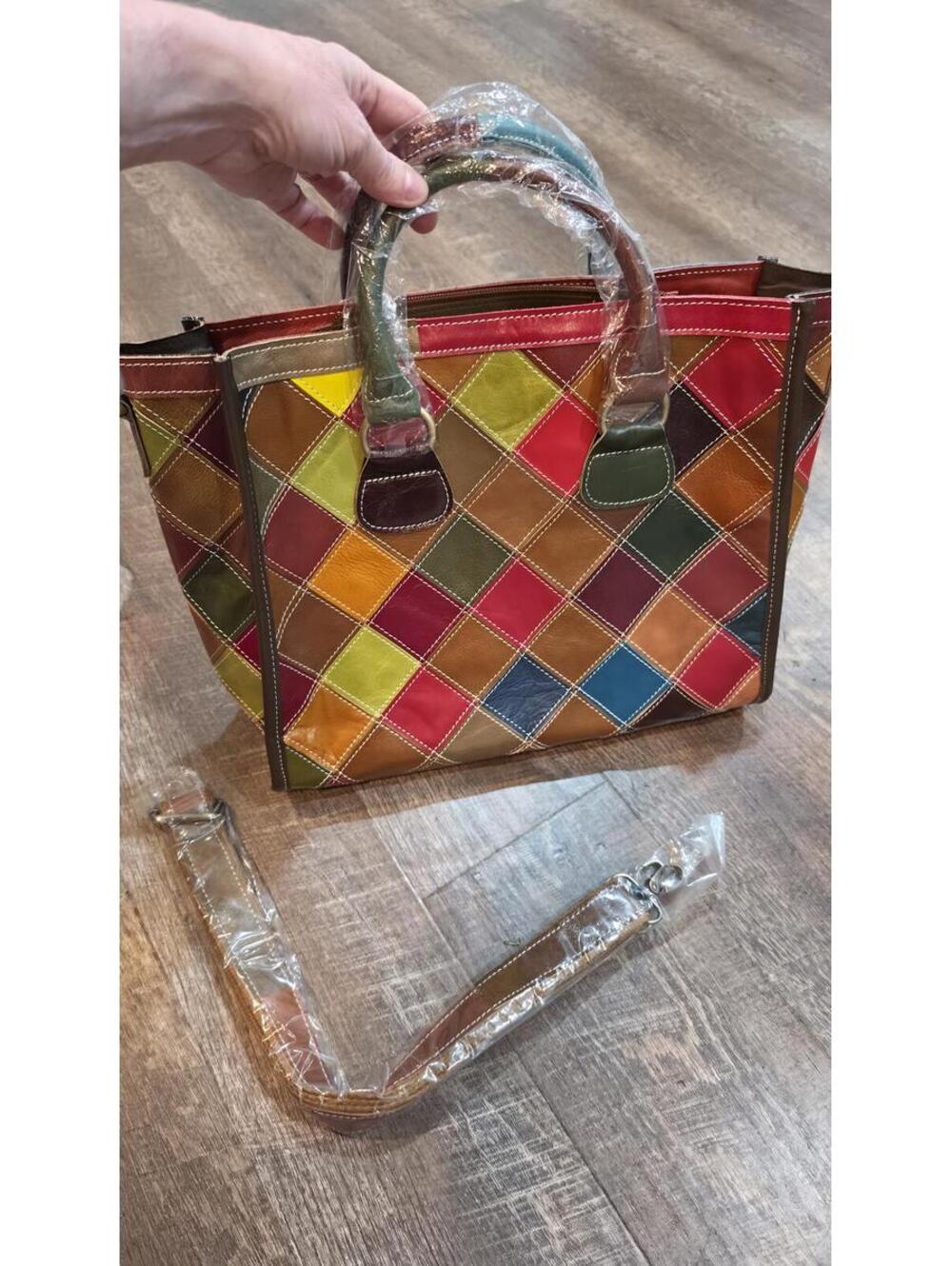 Colorful Patchwork Leather Tote Bag with Detachable Strap